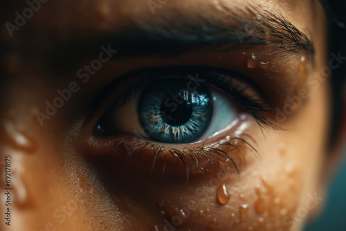 The child's eyes glisten with tears, portraying a moment of emotional vulnerability and sorrow. Concept of empathy and compassion. Generative Ai. photo