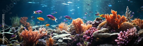 Underwater world of tropical coral reef, colorful tropical scenic ecosystem, Concept: illustrations in marine biology and conservation. Banner with copy space photo
