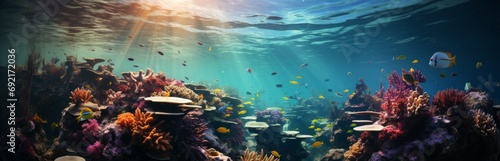 Underwater world of tropical coral reef, colorful tropical scenic ecosystem, Concept: illustrations in marine biology and conservation. Banner with copy space © PRO Neuro architect