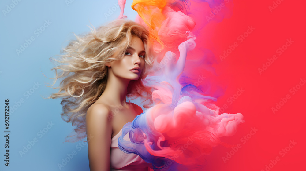 Colorful banner with beautiful blond woman in a multicolored smoke cloud on duotone pink blue background . Beauty fashion cosmetics