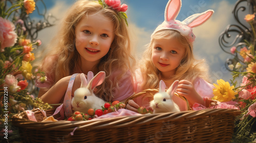 child, easter, baby, bunny, childhood, holiday, toy, christmas, fun, woman, rabbit, pink, children, little, people, kid, gift, animal, smile, basket, cute, happiness, beauty, adorable, face, easter