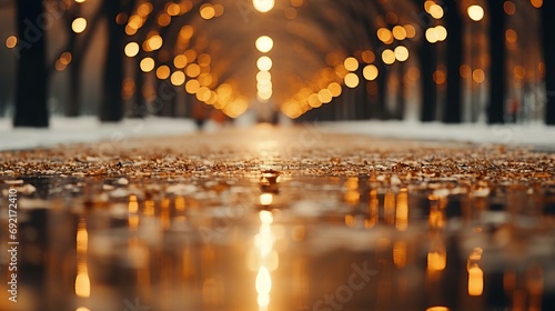 Golden Lights Twinkling on Wet Pavement Creating a Magical Pathway Through an Urban Park
