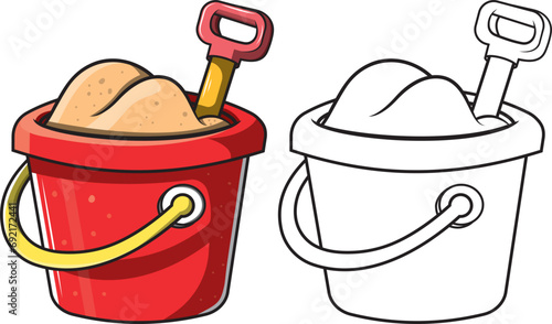 Balde y pala de juguete de color rojo lleno de arena, ilustración vectorial estilo cartoon sin fondo con color y sin color para imprimir y pintar.