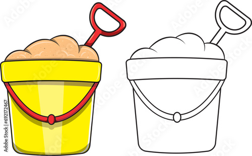 Balde y pala de juguete lleno de arena, ilustración vectorial estilo cartoon sin fondo con color y sin color para imprimir y pintar.