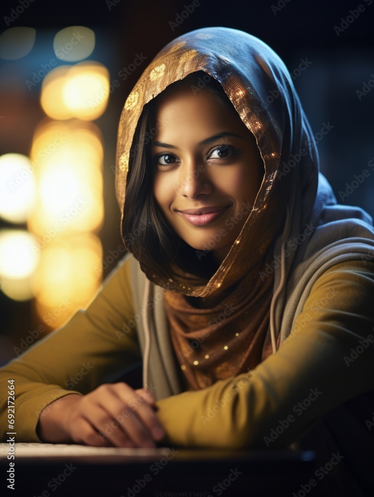 business ethnic woman with traditional clothes covering head looking at camera business ethnic woman with traditional clothes covering head looking at camera