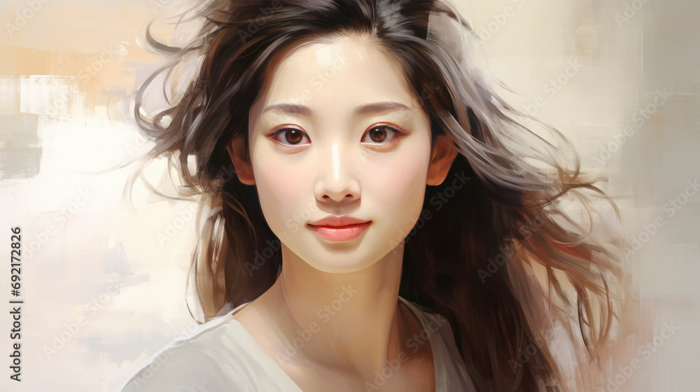 Young Asian woman with beautiful smooth and healthy facial skin on dark background. Ideal of natural beauty and concept of facial skin care. Advertising sale of natural cosmetics. Close-up. Copy space Young Asian woman with beautiful smooth and healthy facial skin on dark background. Ideal of natural beauty and concept of facial skin care. Advertising sale of natural cosmetics. Close-up. Copy space
