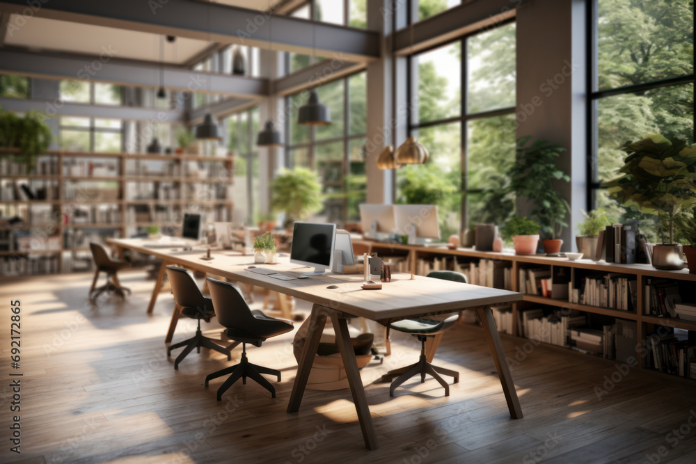 Fototapeta premium A shared workspace within a residential building, fostering a collaborative work environment. Concept of communal workspaces. Generative Ai.