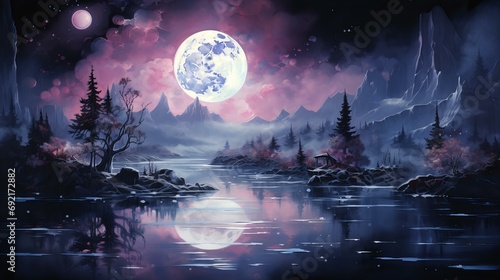 Enchanted Moonlit Night with Luminous Full Moon Over Mystical Mountainous Lakescape photo