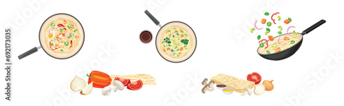 Asian Wok Noodles Cooking with Frying Pan and Ingredients Vector Set