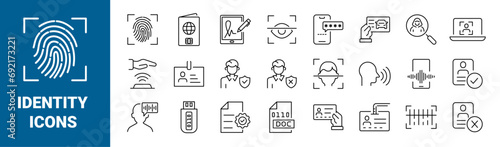 Set of 24 line web icons. identification and Verification . Contains such Icons as ID Passport, Fingerprint, Driving License, Legal documents and more