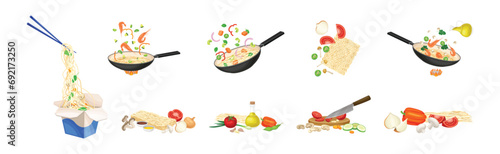 Asian Wok Noodles Cooking with Frying Pan and Ingredients Vector Set