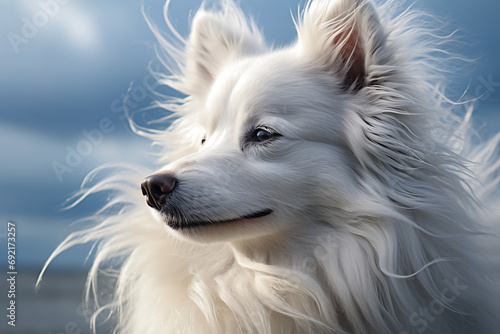 Dog with long white fur close-up on windy day, generative ai © Diana Vyshniakova
