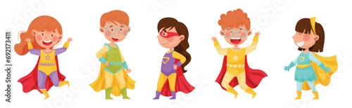 Cute Boy and Girl in Superhero Costume with Cloak Vector Set