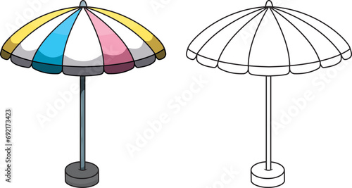 Conjunto de sombrillas de playas con soporte, ilustraciones estilo cartoon, prediseñado, sin fondo, imprimible, con color y sin color para poder colorear.