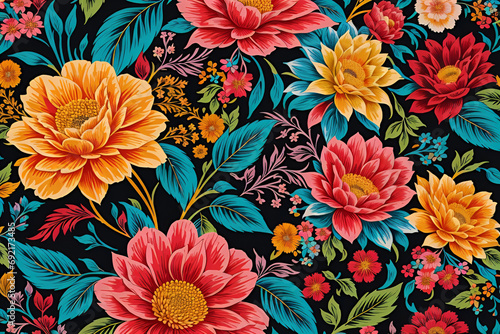 Colorful Flower Pattern on a Black Background