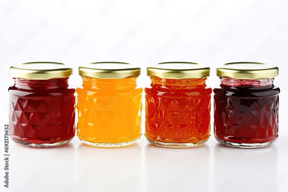 Different homemade jam in jars on white background Different homemade jam in jars on white background