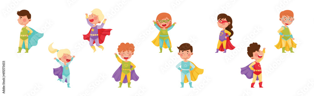 Cute Boy and Girl in Superhero Costume with Cloak Vector Set Cute Boy and Girl in Superhero Costume with Cloak Vector Set