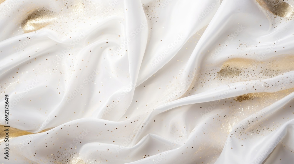 White tablecloth with gold sequins fabric. White tablecloth with gold sequins fabric.