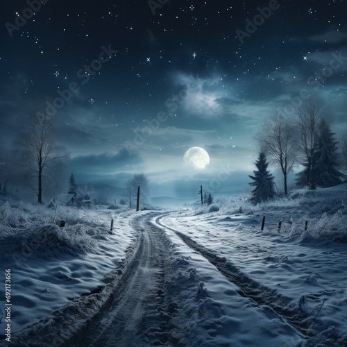 a snowy road with a full moon in the sky