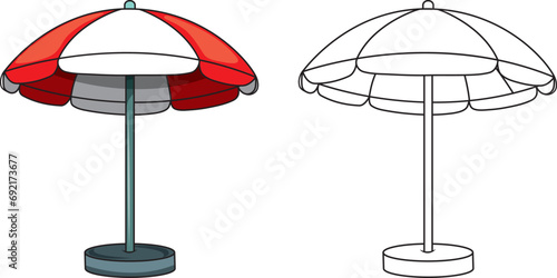 Conjunto de sombrillas de playas con soporte, ilustraciones vectoriales estilo cartoon sin fondo, con color y sin color para pintar.