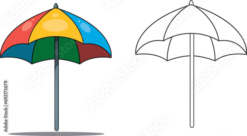 Conjunto de sombrillas de playas, ilustraciones vectoriales estilo cartoon sin fondo, con color y sin color para pintar.