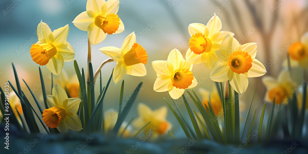 Close up of yellow daffodil flowers with blurry background Close up of yellow daffodil flowers with blurry background