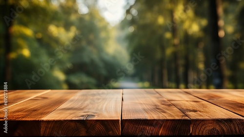 Wooden Tabletop with a Picturesque View of a Lush Forest Pathway in the Golden Morning Light