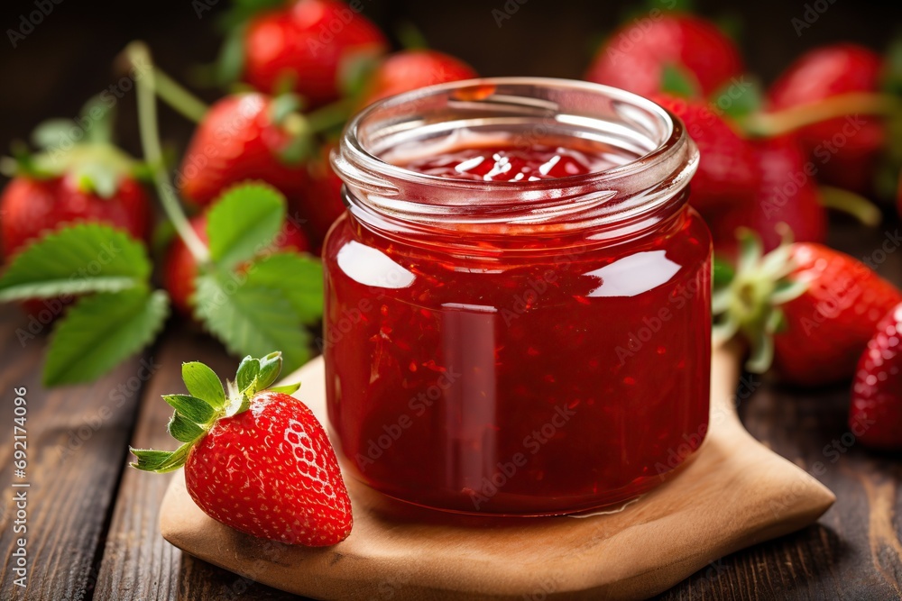 Strawberry jam and berries on wooden table Strawberry jam and berries on wooden table