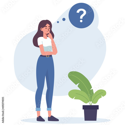Flat vector illustration. Woman standing in a pensive pose. The concept of searching for the solution of the problem . Vector illustration