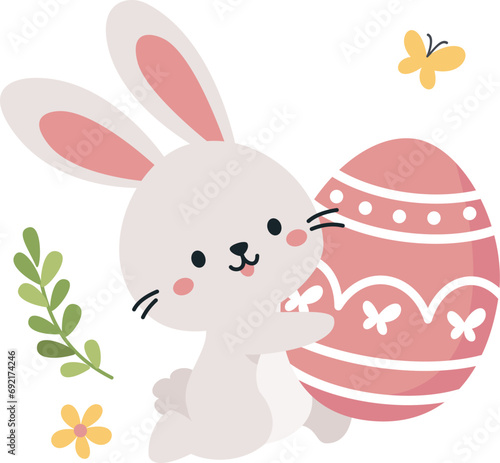 Flat vector illustration. Cute bunny running with Easter egg . Vector illustration