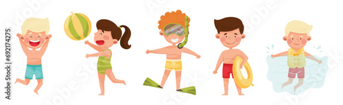 Cute Boy and Girl at Seaside Enjoy Summer Vacation Vector Set