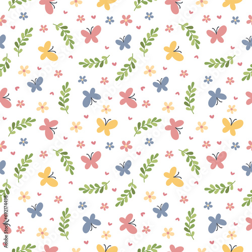 Seamless vector pattern. Multicolored butterflies, flowers and leaves. Pattern on white background . Vector illustration