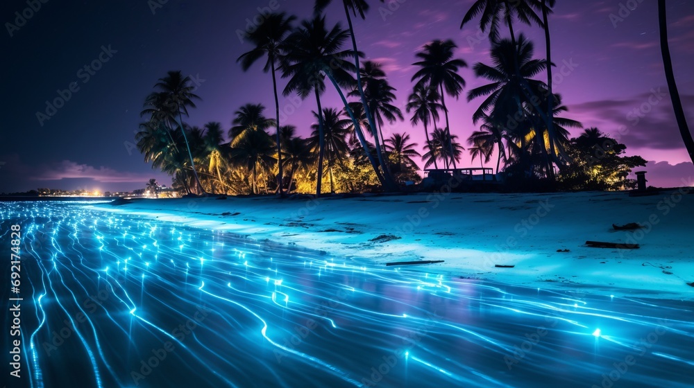 Glowing blue glow neon plankton on the seashore.