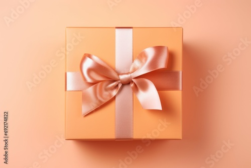 peach fuzz - color of the year. white gift box with large gold bow on peach beige orange background with copy space, bokeh and stars