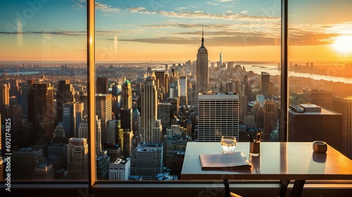 Elegant High-Rise Office with Panoramic View of City Skyline at Sunset photo
