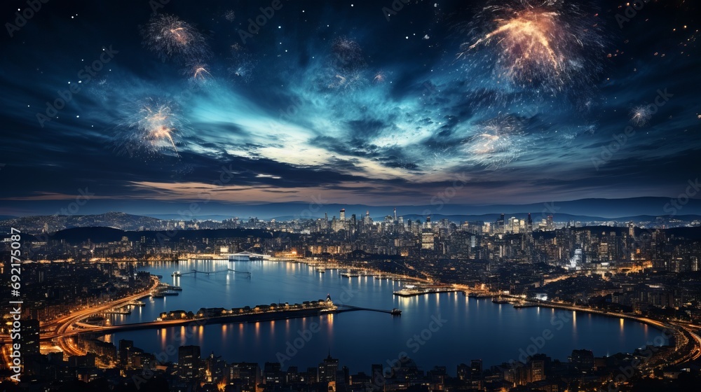 
Multi-colored fireworks over the city, the evening sky over the metropolis, bright sparks reflected in the calm waters of the bay, decorative lights. Concept: pyrotechnics for events