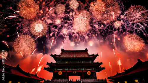 Photography of Chinese new year fireworks celebrations on the chinese temple background