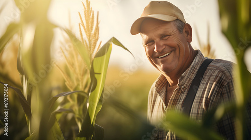 A happy, smiling farmer man in his 50s, wearing a shirt and a cap, walking through the corn field on a sunny summer day. Agricultural laborer or worker, producing organic food on a rural farmland photo