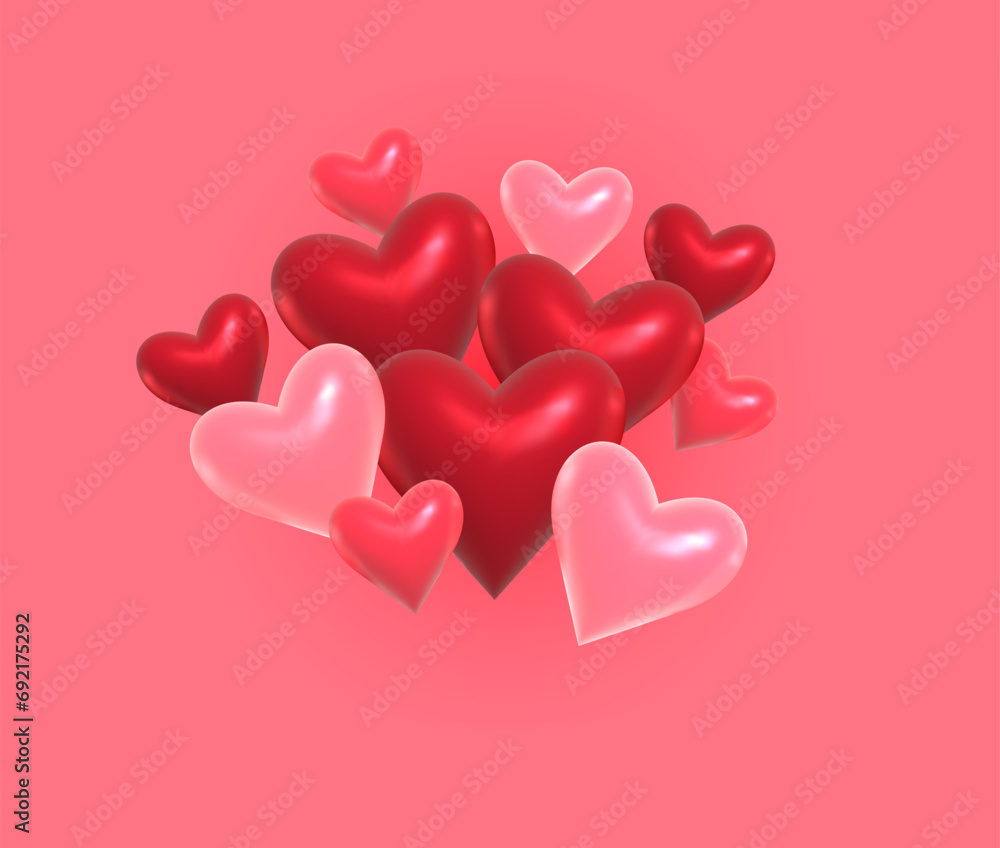 Valentines day card with group of  3D balloon hearts on pink l background. 3D vector illustration.