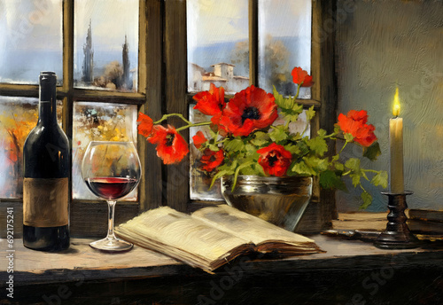 Beautiful still life with wine and poppies in a vase, a burning candle and books. Fine art, artwork, still life with wine and book