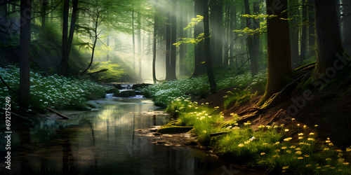 Spring in a forest with a lake and sunlight  natural background