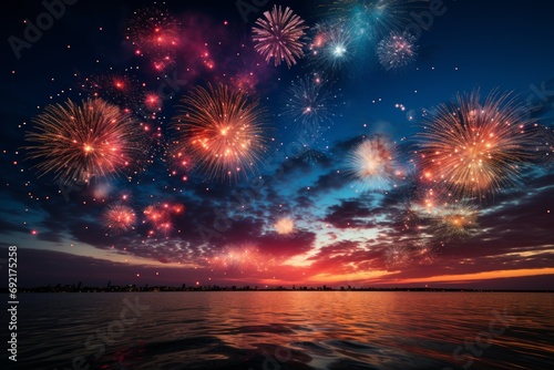  Multi-colored fireworks over the city  the evening sky over the metropolis  bright sparks reflected in the calm waters of the bay  decorative lights. Concept  pyrotechnics for events