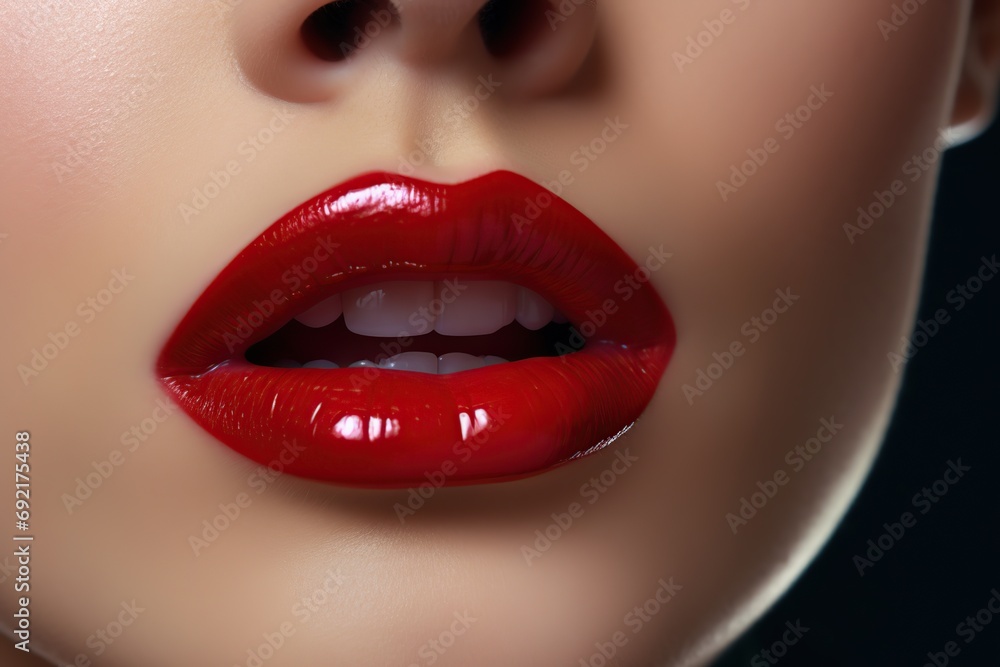 Fototapeta premium Young woman applying red lipstick on lips, closeup