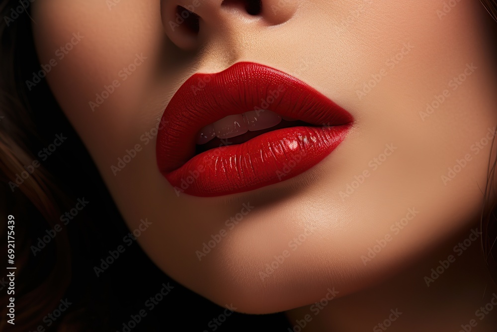 Young woman applying red lipstick on lips, closeup Young woman applying red lipstick on lips, closeup