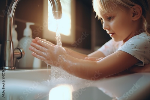 Child washing her hands under the water tap