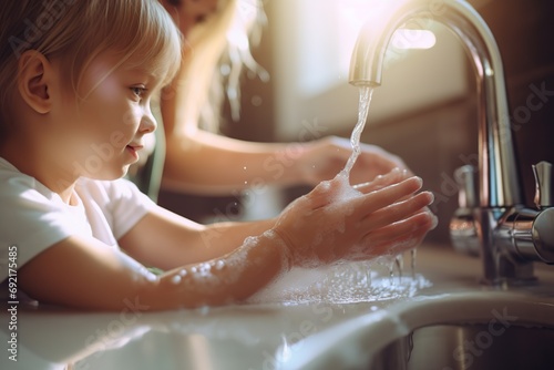 Child washing her hands under the water tap photo