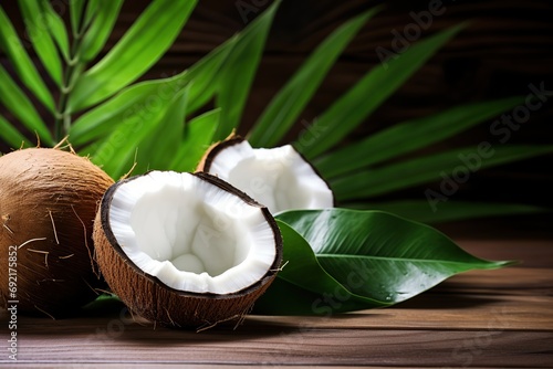 Coconuts with green leafs on wooden table