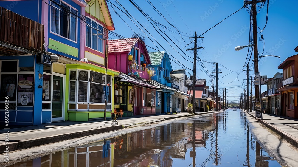 Colorful Streets Reflecting on Puddle Water in a Quiet, Sunny, Urban Neighborhood After Rain