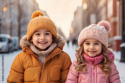 Childhood, season and people concept - happy little boy and girl in winter clothes having fun outdoors in the city streeet road photo