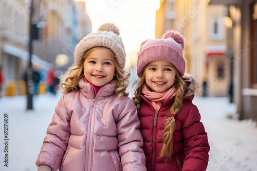 Childhood, season and people concept - happy little boy and girl in winter clothes having fun outdoors in the city streeet road photo